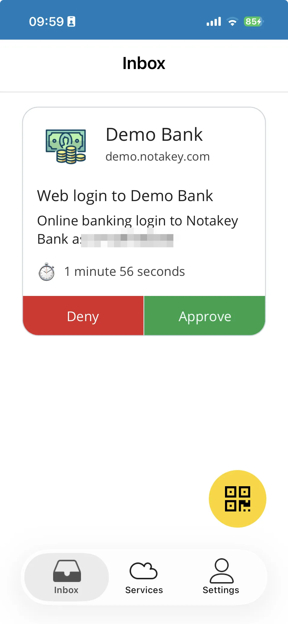 The resulting request in the app: “Web login to Demo Bank”, with Deny and Approve buttons and a countdown.