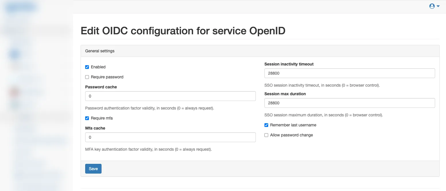 The OpenID Connect configuration screen for a service: Enabled, Require password, Password cache, Require mfa, Mfa cache and the session-duration fields (sidebar blurred).