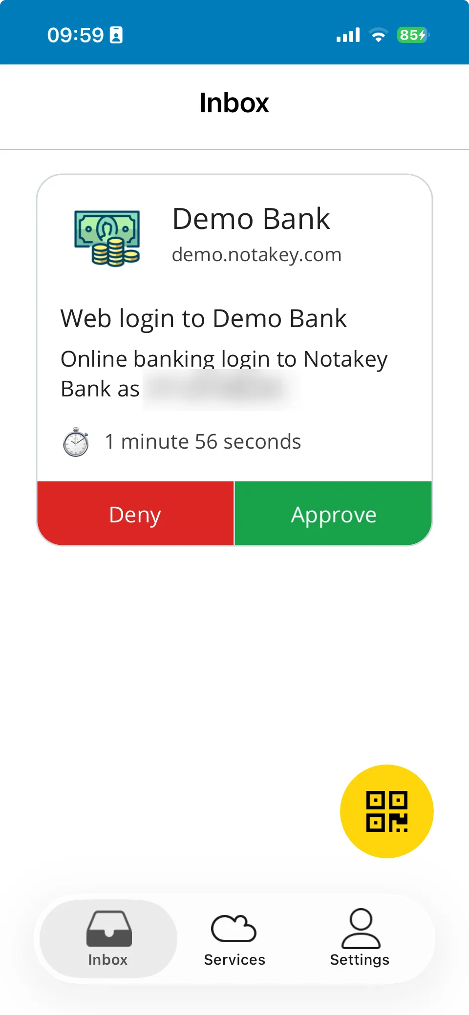 The Notakey Authenticator app showing a banking transaction to approve. The customer sees exactly what they are signing before they tap.