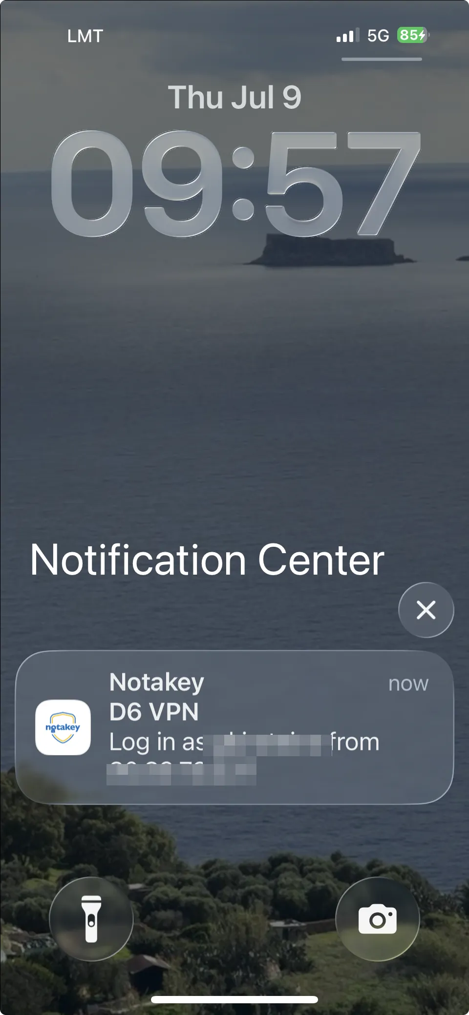 The approval push arriving on the lock screen: “VPN connection — log in as this user, from this IP?” (username and IP redacted).